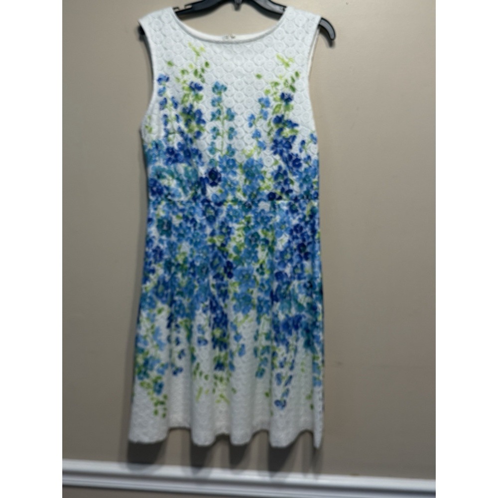 Dress Studio One Sz 12 Women's White Blue Floral Scoop Neck A-Line Textured Lace - Picture 2 of 6
